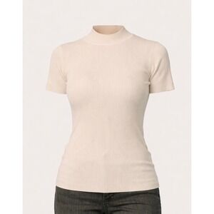Baltic Born Edie Mock Neck Top Cream Ribbed Short Sleeve Sweater ‎ L